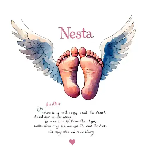 Baby Feet With Angel Wings With The Name Nesta Underneath And A Bible Verse About Death