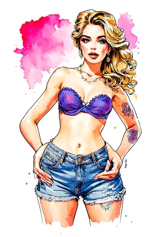 On Pin-up Girl Topless Denim Shorts Hands On Hips