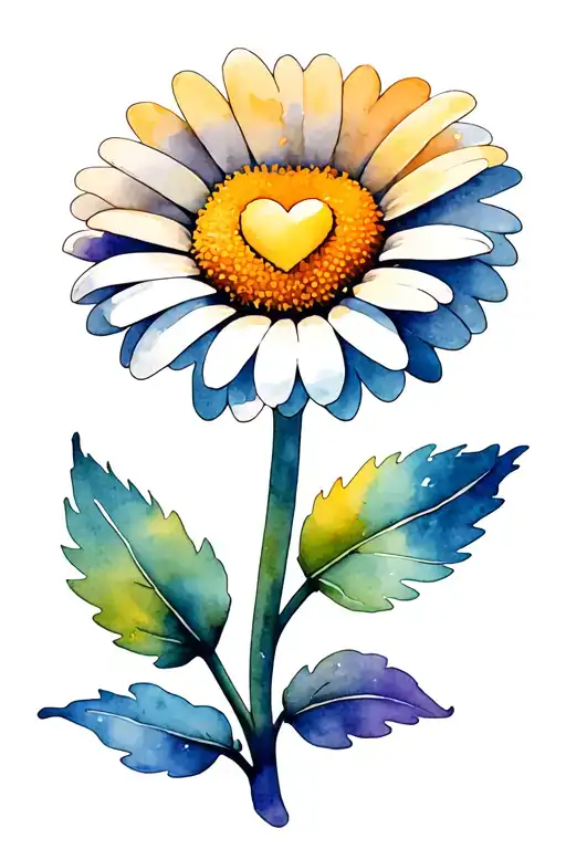 A Daisy With A Double Layer Of Petals With A Heart In The Center And A Stem With 4 Leaves