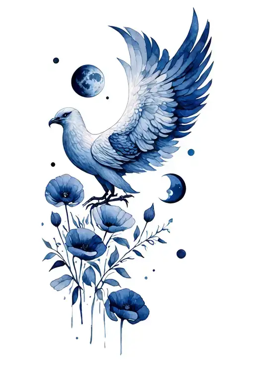 All Moon Phases Around A Phoenix With A Poppy Flower