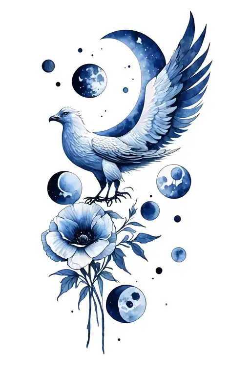 All Moon Phases Around A Phoenix With A Poppy Flower