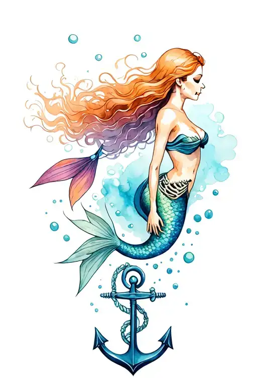 Mermaid Swimming Underwater Surrounded With A Skeleton And Anchor Below Her