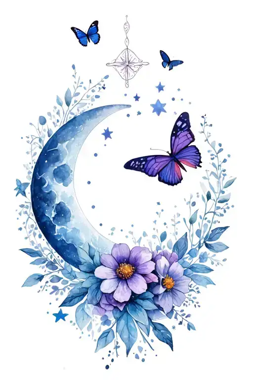 Magical Symbols With Flowers Butterflies A Crescentmoon And Stars Watercolour
