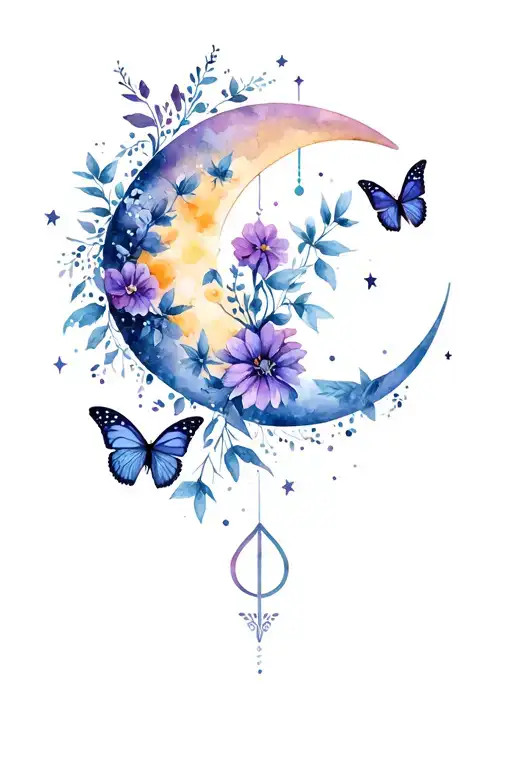 Magical Symbols With Flowers Butterflies A Crescentmoon And Stars
