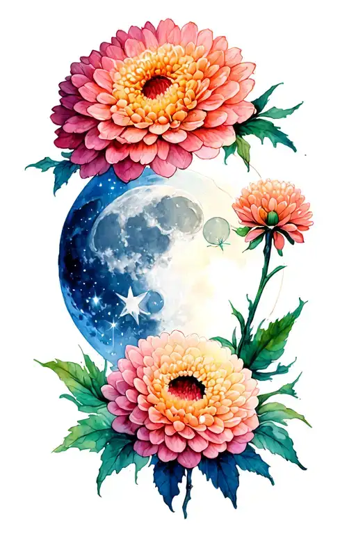 Chrysanthemum Flower Waning Gibbous Moon And Sagittarius Constellation