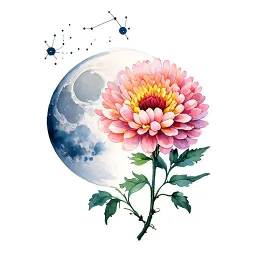 Chrysanthemum Flower Waning Gibbous Moon And Sagittarius Constellation