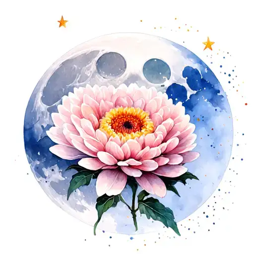 Chrysanthemum Flower Waning Gibbous Moon And Sagittarius Constellation