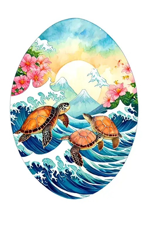 Japanese Wave Crashing 3 Sea Turtles Mountains And Flowers