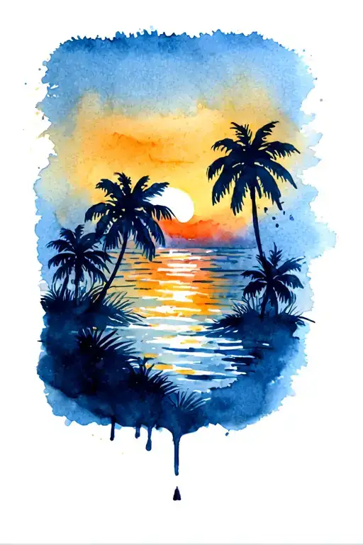 Palm Trees And Sunset Reflecting