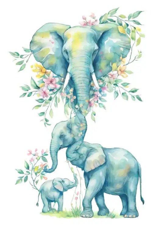 Elephant And Baby Elephant And Olive Branch With Flowers