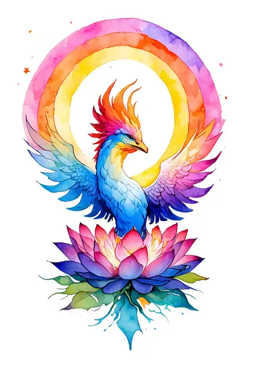 Phoenix Rising From Lotus With Rainbow In Background