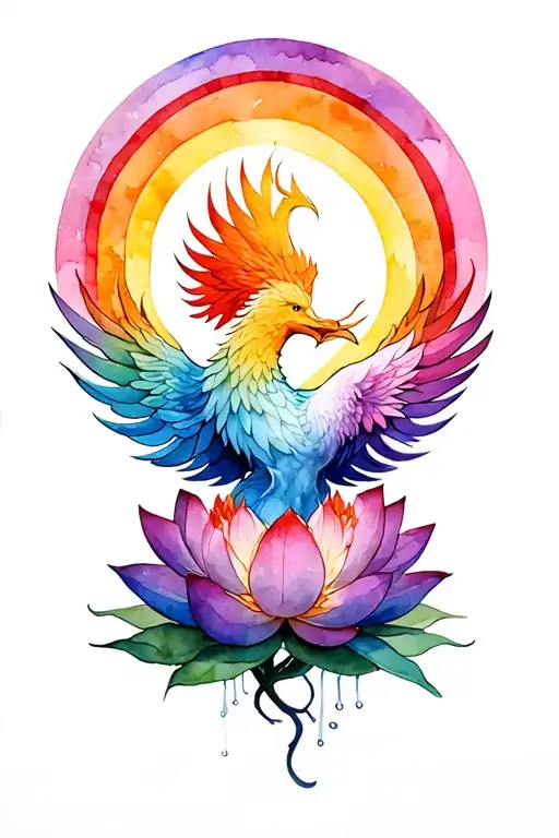Phoenix Rising From Lotus With Seven Colour Rainbow In Background