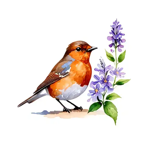 A Robin Holding A Violet Flower With His Feet