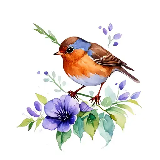 A Robin Holding A Violet Flower With His Feet