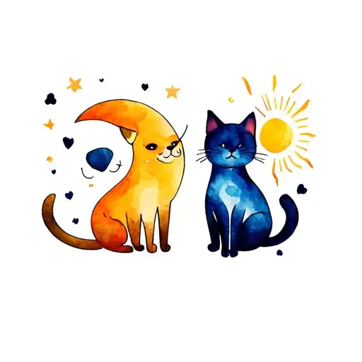 2 Tattoos One With A Dog And The Moon In Cute Anime Style And One Cat With Sun In Cute Anime Style