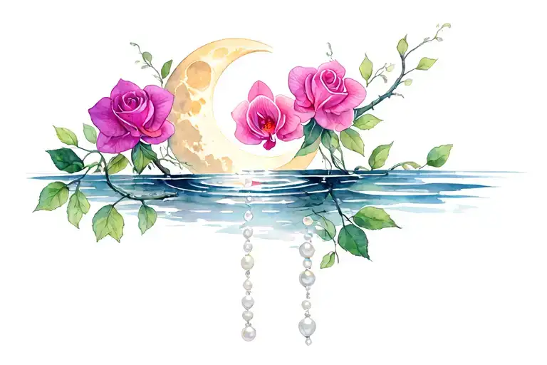 Roses And Orchids Vines Intertwined With The Moon And Water With Pearls