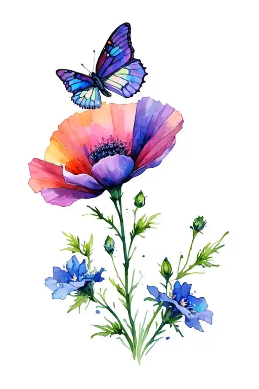 Larkspur And Poppy Flower With Butterfly Resting