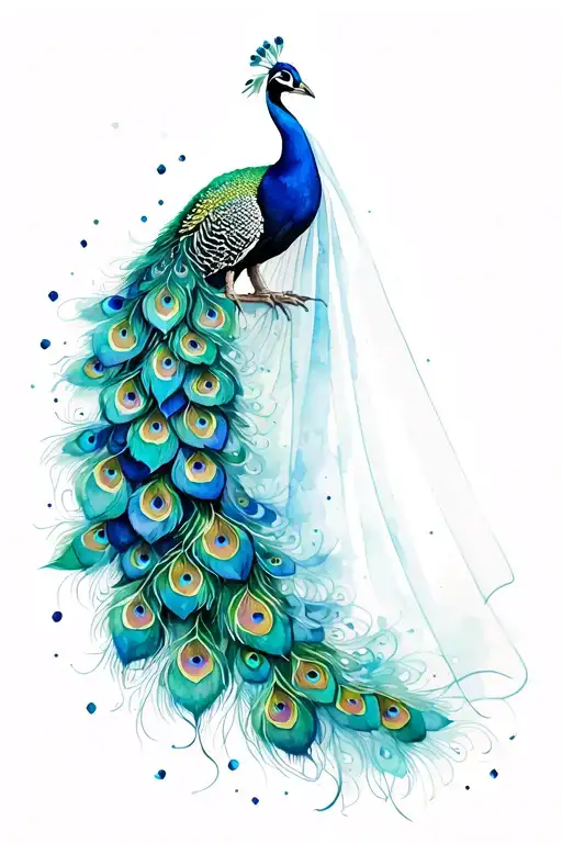 Peacock With A Long Beautiful Veil Of Flowers