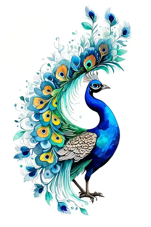 Phoenix And A Peacock Intertwined With A Veil Of Flowerss And Gorgeous Tail