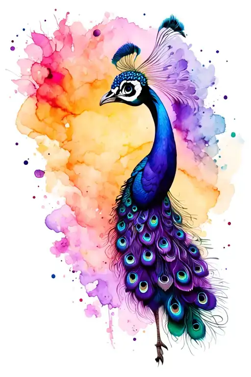 A Beautiful Peacock With A Long Gorgeous Tail With Purple And Blue And Greena