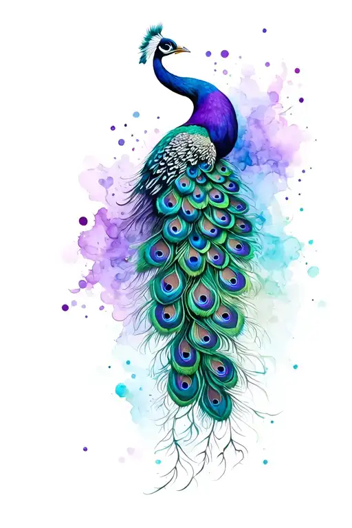A Beautiful Peacock With A Long Gorgeous Tail With Purple And Blue And Greens