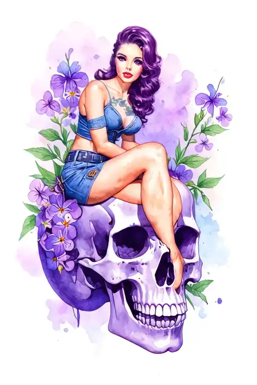 Pinup Girl Military Sitting On A Skull With Violets