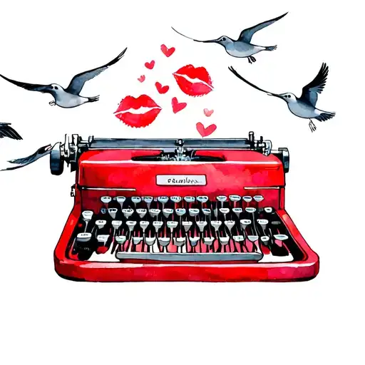 Red Typewriter Covered In Kisses With Seagulls Flying Over It