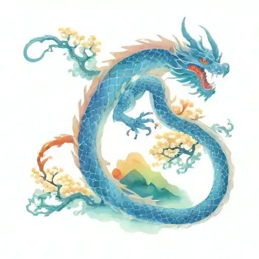 Japanese Dragon With Japanese Landscape With Higanbana Flower