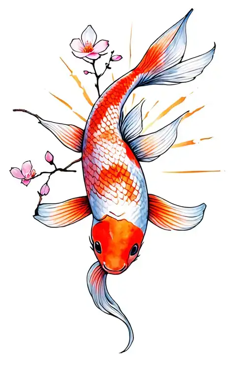 Sun Rays With Cherry Blossoms And Koi Fish
