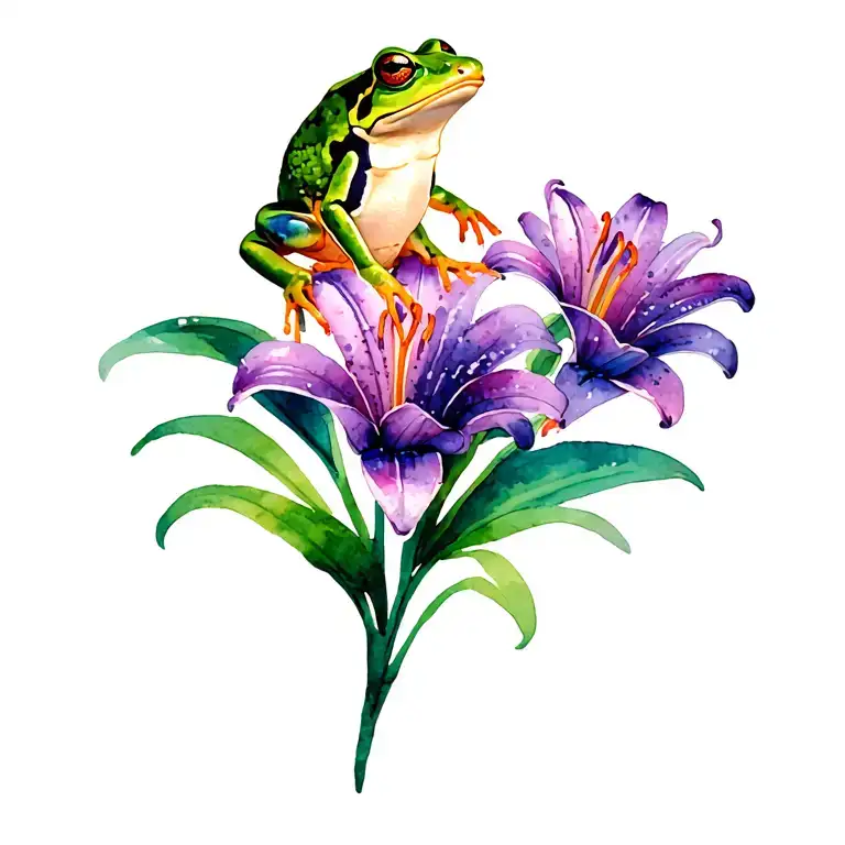 Frog On Purple Lily Flower