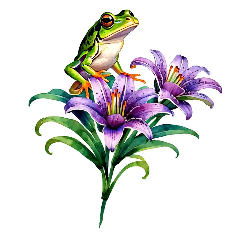 Frog On Purple Lily Flower