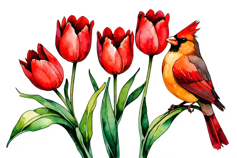 6 Red Tulips With Two Small Cardinals