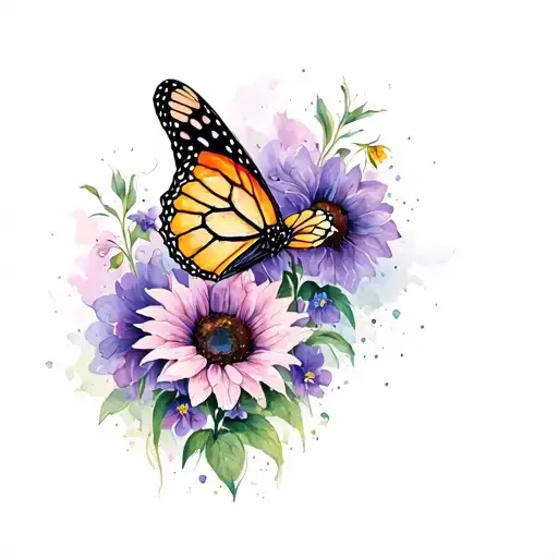 Monarch Butterfly With Sunflowers And Violets