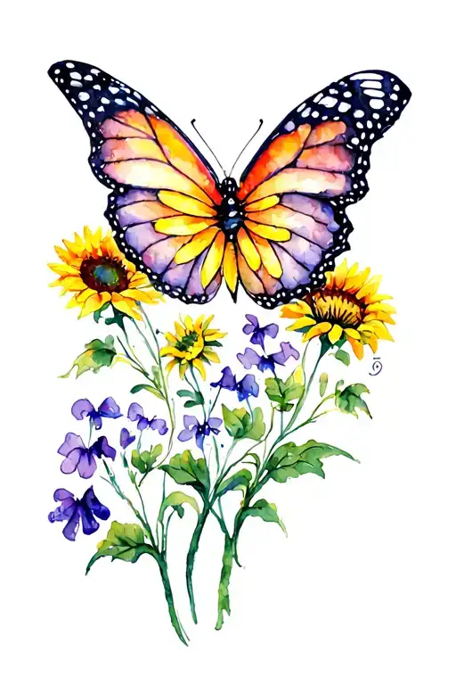 Monarch Butterfly With Yellow Sunflowers And Violets