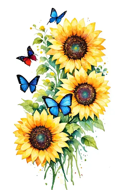 Sunflowers And 3 Butterflys Souronding With Just Brush Strokes