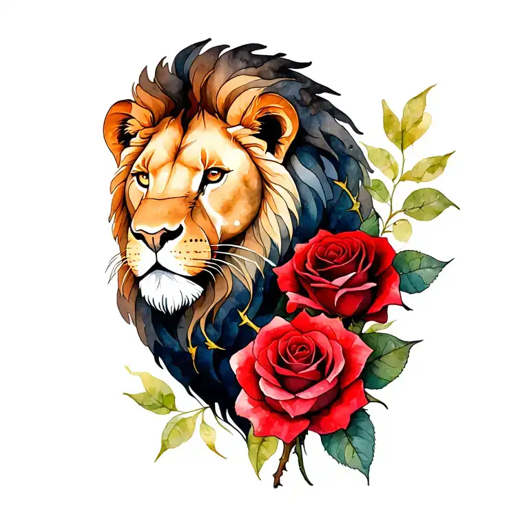 Lion And Two Red Roses With Thorns Wrapped