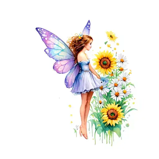 Fairy Gracefully Positioned On An Ankle Surrounded By Sunflowers And Daisies
