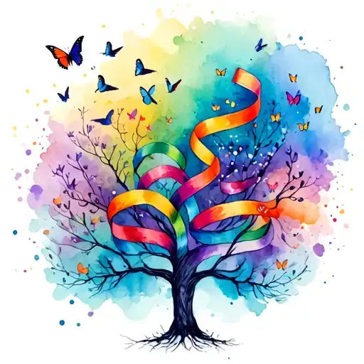 Tree With Birds And Butterflies Colorful Ribbons Spread Across