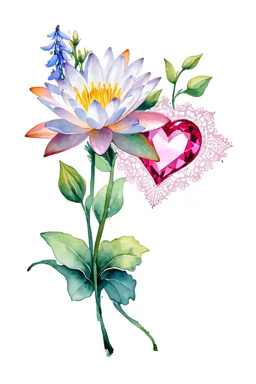 Water Lily Flower With Larkspur Flower With Ruby Heart And Lace