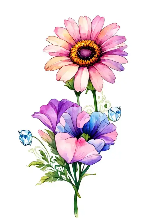 Daisy Flower With Sweet Pea Flower With Diamond Heart And Lace