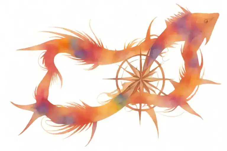 Fish Tornado Around Compass Rose Intertwined