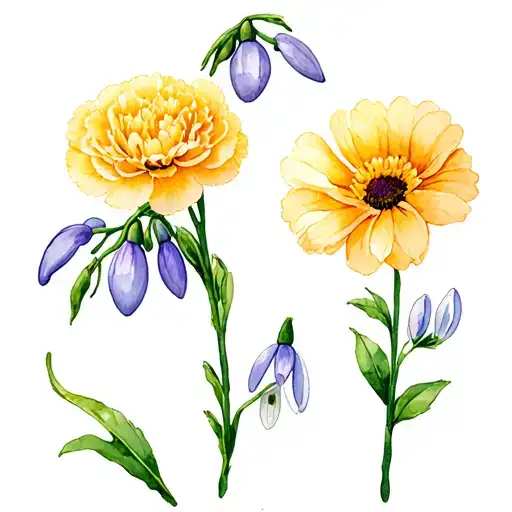 1 Carnation Two Snowdrops 1 Violet 1 Daisy 1 Larkspur 1 Aster 1 Holly 1 Narcissius Floral