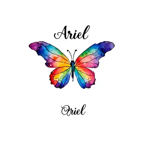 A Tattoo Of A Rainbow Butterfly With The Name Ariel Above It
