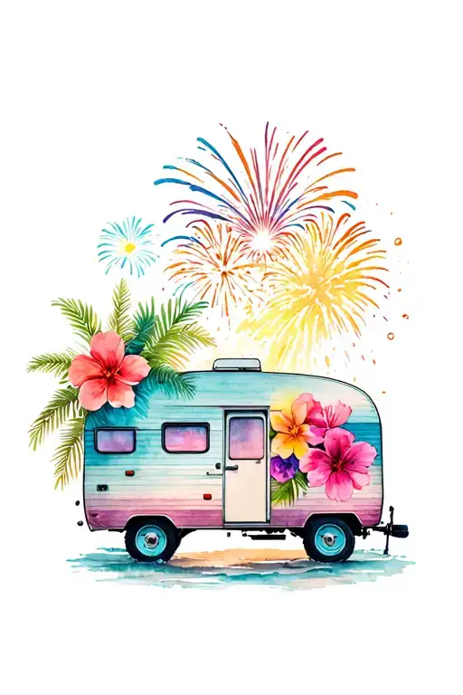 Hawian Flowers With Fireworks Exploding With A Retro Camper And Beach Vibes