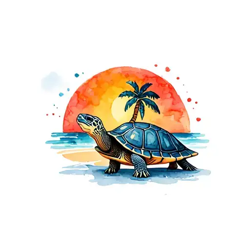 Tortoise On A Beach Sunrise With A Palm Tree