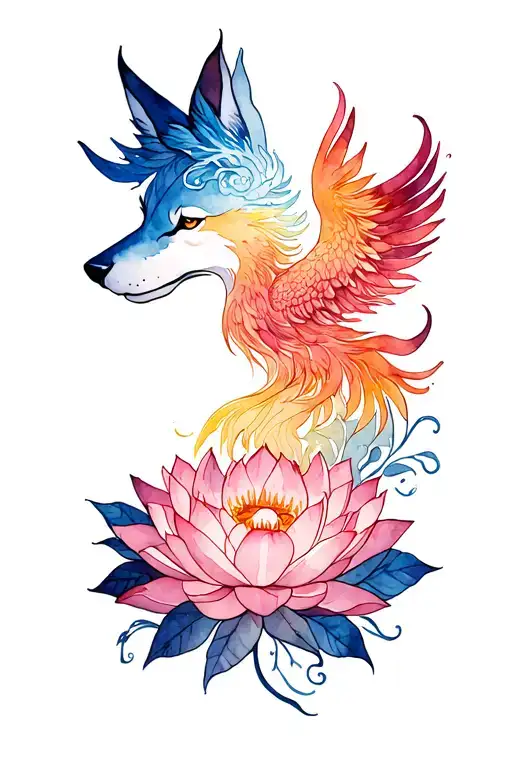 Fine Line Phoenix Rising From Lotus Flower Above A Feminine Wolf Head