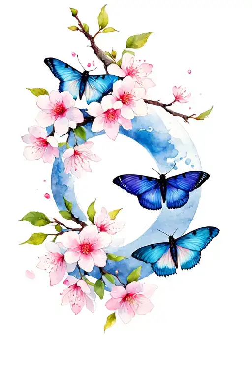 Moths And Crescent Moon Cherry Blossom