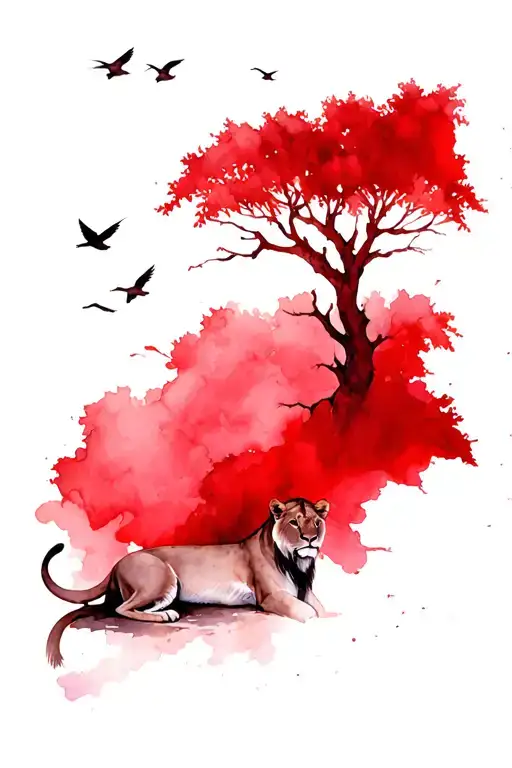 Tree With Red Leaves Birds Flying Away With A Female Lioness Laying At The Bottom Of The Tree