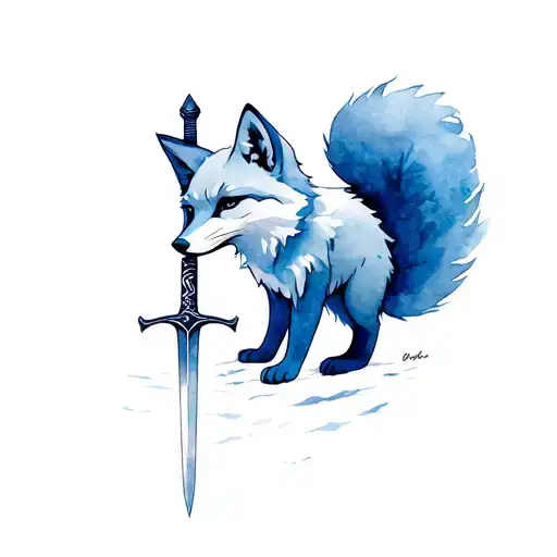 Arctic Fox With Tail Wrapped Around Sword
