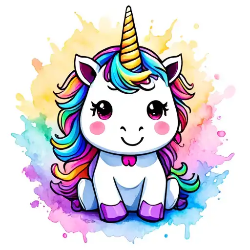 Cute Chubby Sitting Unicorn Splash Color Tattoo Cartoon